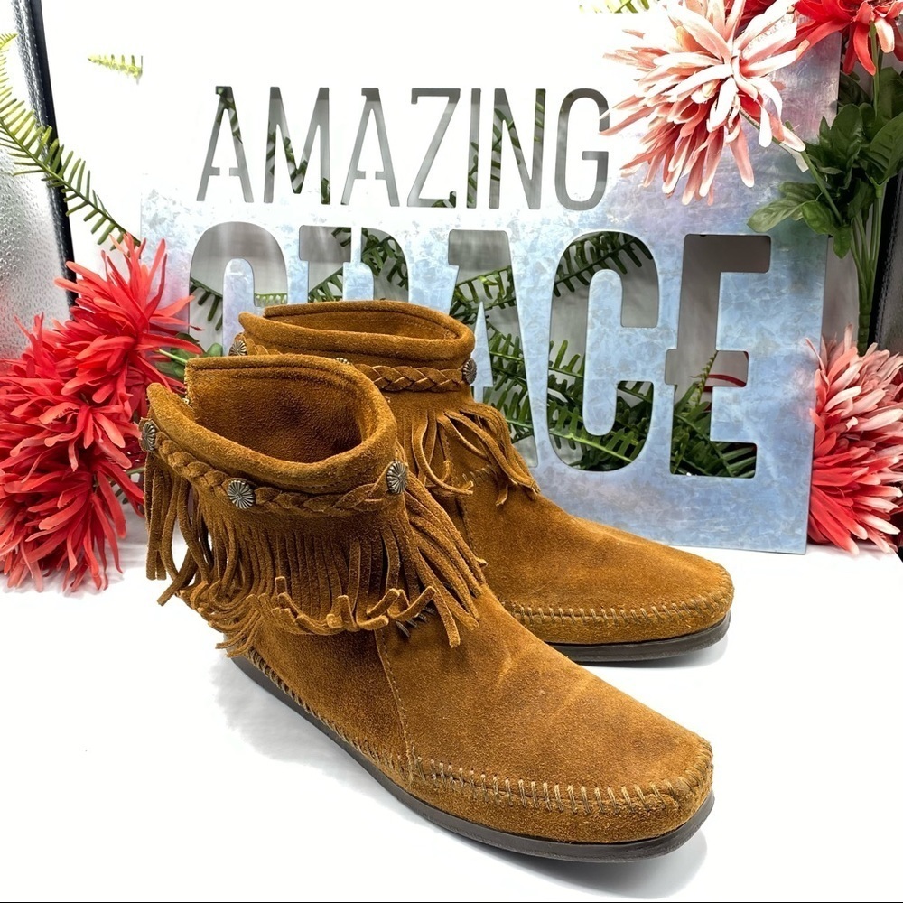 Minnetonka Sz 8 Brown Suede Fringe Booties Moccasins‎ Boho Western